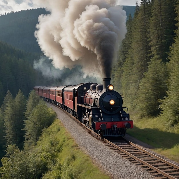 The front of a moving train blowing smoke