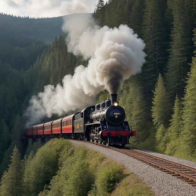 The front of a moving train blowing smoke