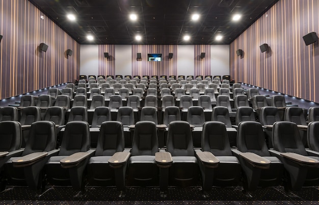 Front panoramic view of seats in empty cinema hall