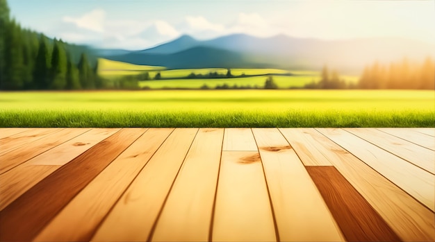 Front perspective wood floor and outdoor blur summer landscape