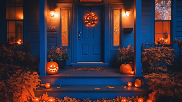 Front porch Halloween decor after dark spooky lights and decorations