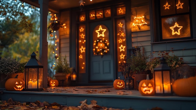 Front porch Halloween decor after dark spooky lights and decorations