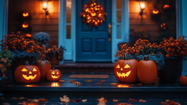 Front porch Halloween decor featuring glowing Jack O Lanterns ghostly lights eerie shadows