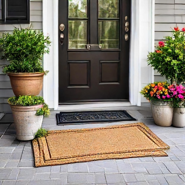 a front porch with a black door and potted plants