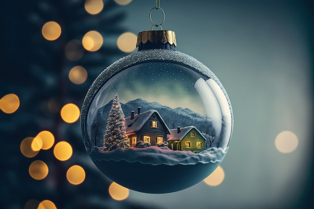 front profile beautiful round glass christmas ornament hanging in dark sky with clouds