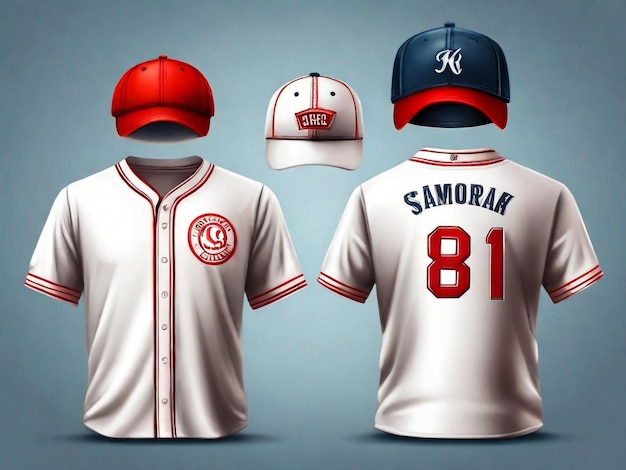 Front and rear realistic view of shirt and cap elements of baseball uniform isolated vector illustration