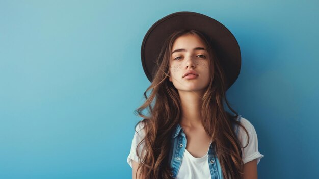 Front shot of beautiful brunette girl wearing a hat and standing against blue background