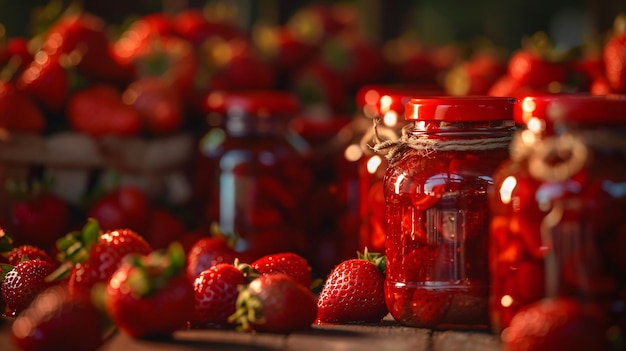 Front shot of jars with tasty strawberry jam on dark background