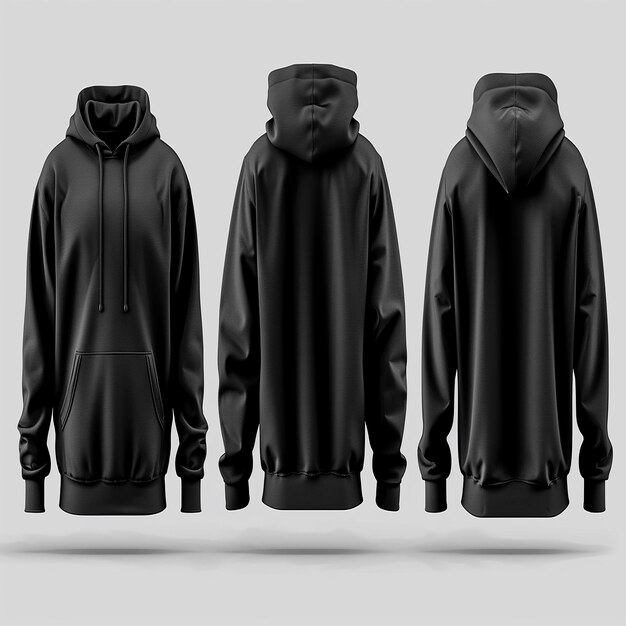 Front side and back views of a black hoodie sweatshirt perfect for apparel mockups and branding projects