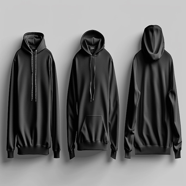 Front side and back views of a black hoodie sweatshirt perfect for apparel mockups and branding projects