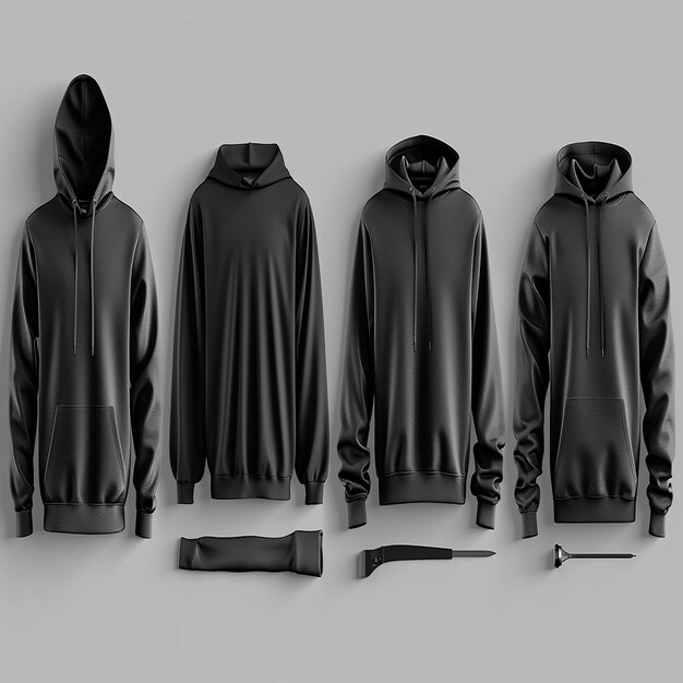 Front side and back views of a black hoodie sweatshirt perfect for apparel mockups and branding projects