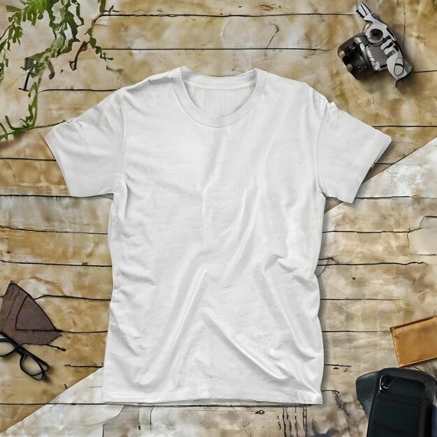 Photo front side of tshirt mockup template on wooden table