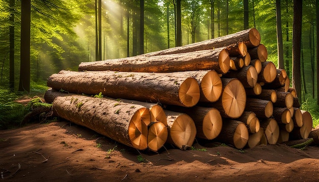 Front and side view freshly harvested wooden logs stacked in a pile in the green forest