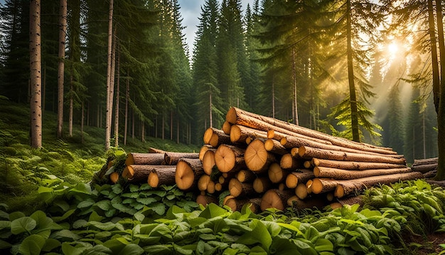 Front and side view freshly harvested wooden logs stacked in a pile in the green forest