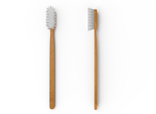 Front and Side View of Wooden Toothbrushes on White Background. Isolated Product. 3d Rendering