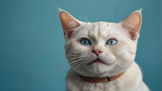 Front side of white cat blue pastel background Ai generative