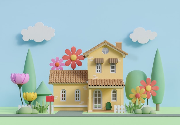 Front of small house in pastel color cartoon style image 3d render