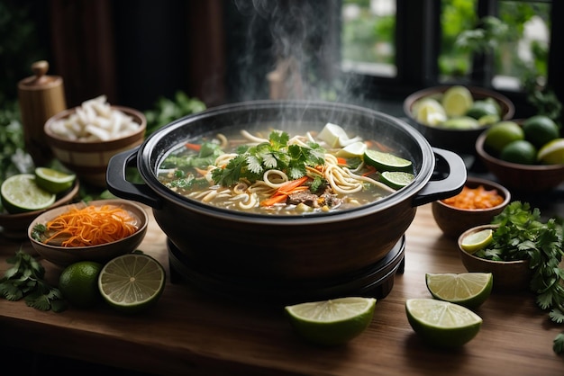 front view asian ramen noodles raised on chopsticks on dark table