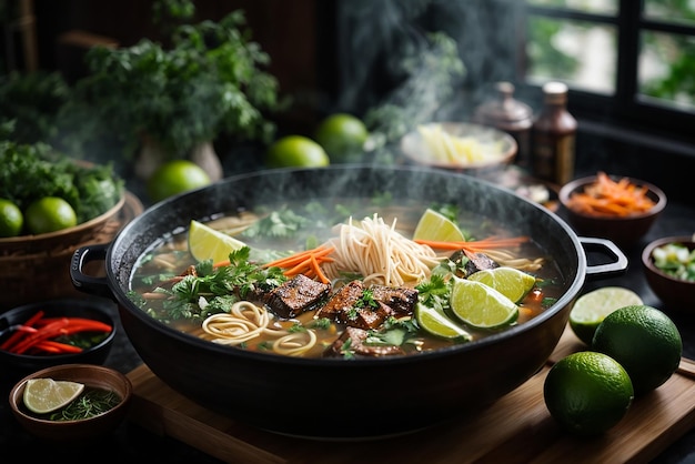 front view asian ramen noodles raised on chopsticks on dark table