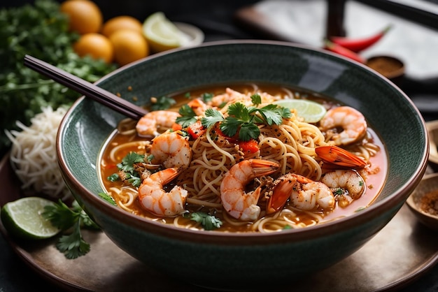 front view asian ramen noodles raised on chopsticks on dark table