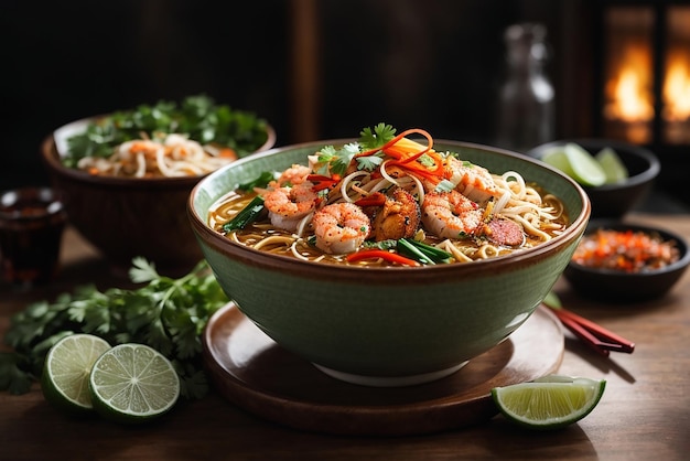 front view asian ramen noodles raised on chopsticks on dark table