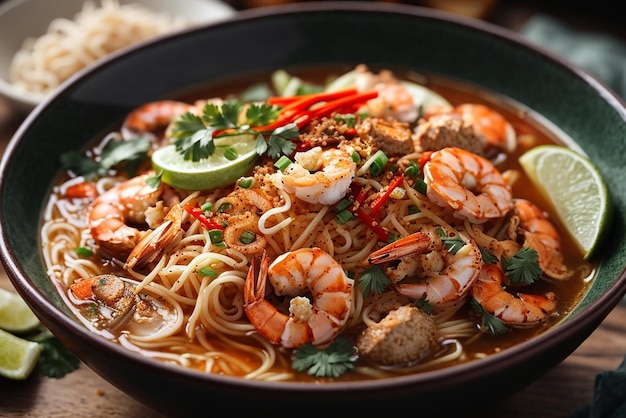 front view asian ramen noodles raised on chopsticks on dark table