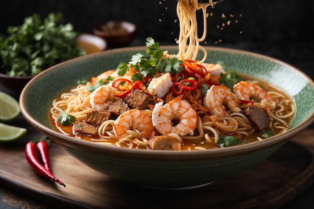 front view asian ramen noodles raised on chopsticks on dark table