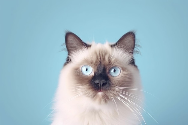 Front view beautiful cat with blue eyes fuzzy ragdoll cat on blue background Generative AI