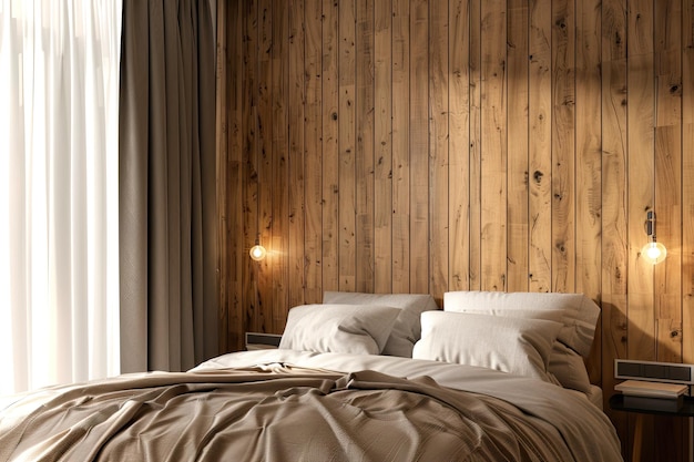 Photo front view of bedroom with wooden wall