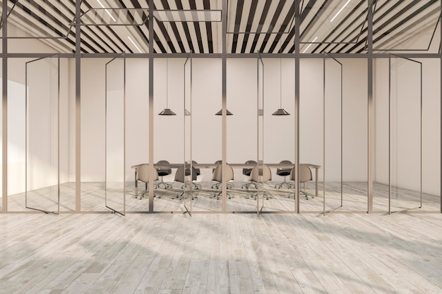 Front view on big wooden empty meeting table surrounded by chairs and stylish lamps hanging from top on beige wall background in conference room behind glass transparent partition 3D rendering