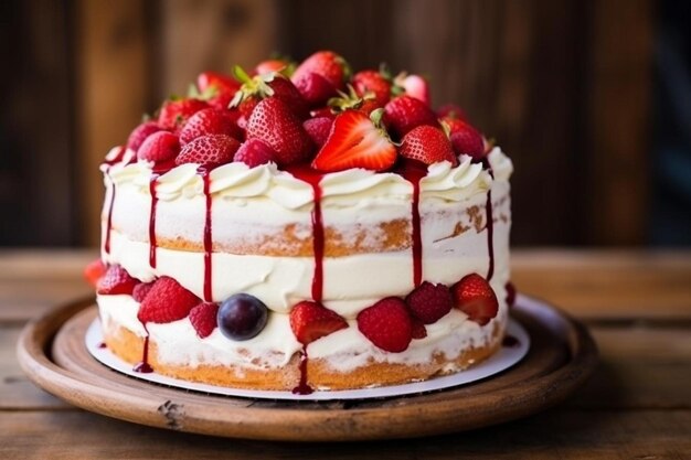 A front view birthday cake decorated with cream strawberries round sweet birthday celebration