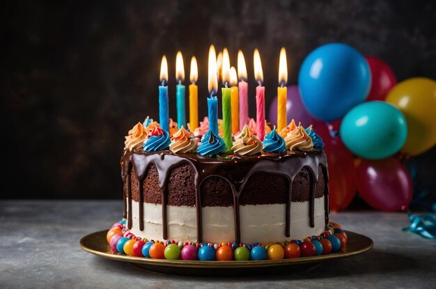 Front view of a birthday cake with a hand lighting candles