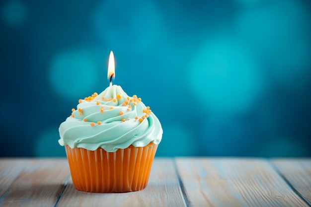 Front view of birthday cupcake with copy space and lit candle