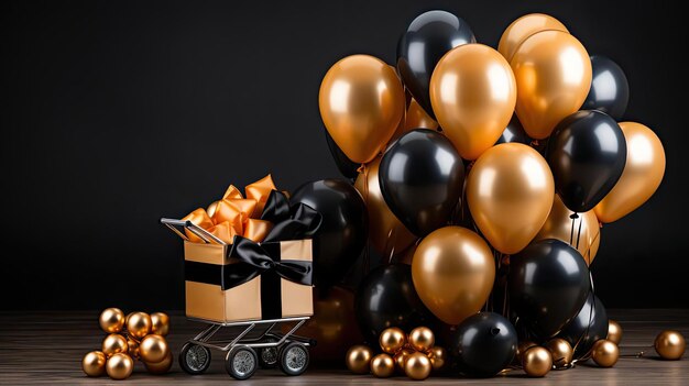 front view of black friday sale background with balloon ornaments gift boxes and shopping carts