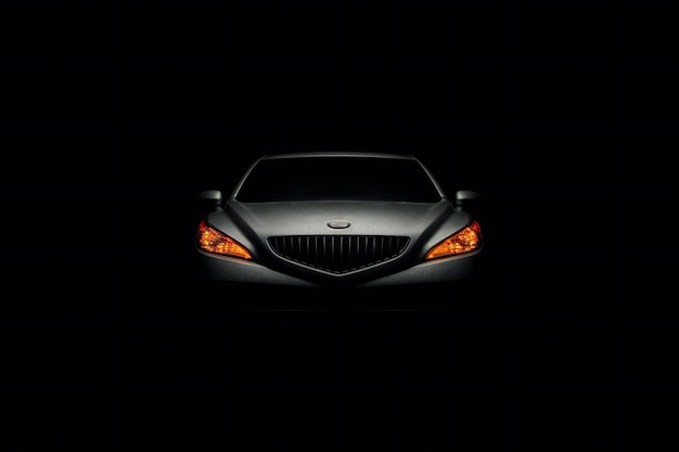 Front view of a black sport car on black background Front view