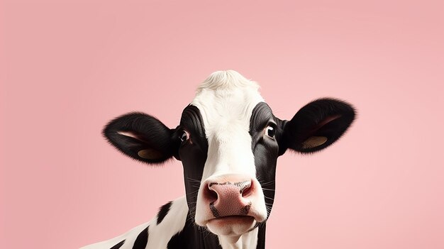 Front View of Black and White Cow Isolated on Pink Background