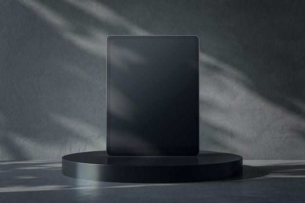 Front view on blank black digital tablet screen with place for your logo or text on dark glossy round stand on abstract sunlit concrete background 3D rendering mockup