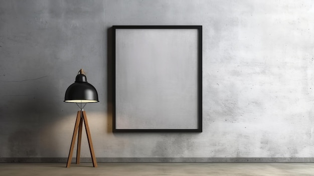 Front view blank black frame on grey concrete wall in modern loft gallery interior mockup