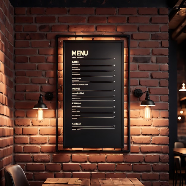 Front view blank black menu frame on a brick wall with lamp in loft cafe interior design mockup 3d