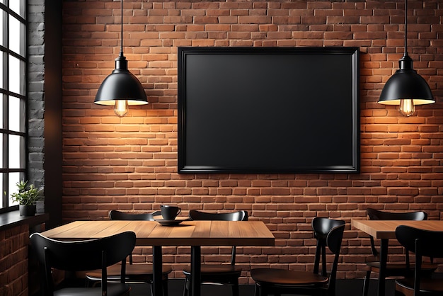 Front view blank black menu frame on a brick wall with lamp in loft cafe interior design mockup 3d