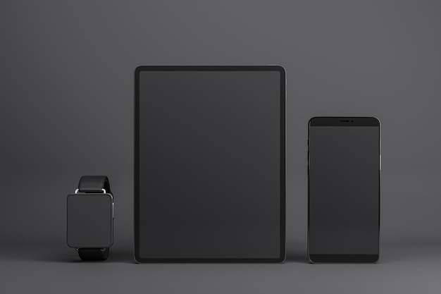 Front view on blank black modern devices screens with place for your logo or text smart watches digital tablet and smartphone on dark grey background 3D rendering mockup