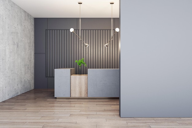 Front view on blank grey wall with space for advertisement in sunlit stylish reception area with concrete desk modern lamps on ceiling and slatted wall decoration background 3D rendering mock up