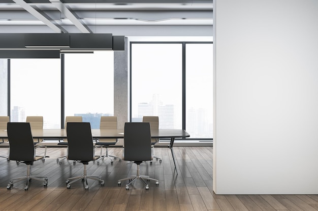 Front view on blank light wall partition with place for advertising poster in stylish modern conference room with chairs around meeting table and city view background 3D rendering mockup