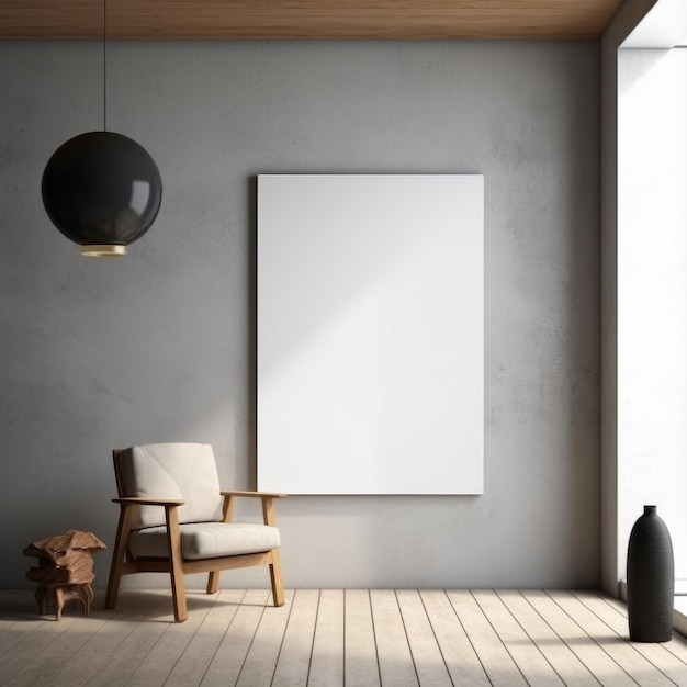 Front view blank white frame on concrete grey wall in modern home interior mockup Generative AI