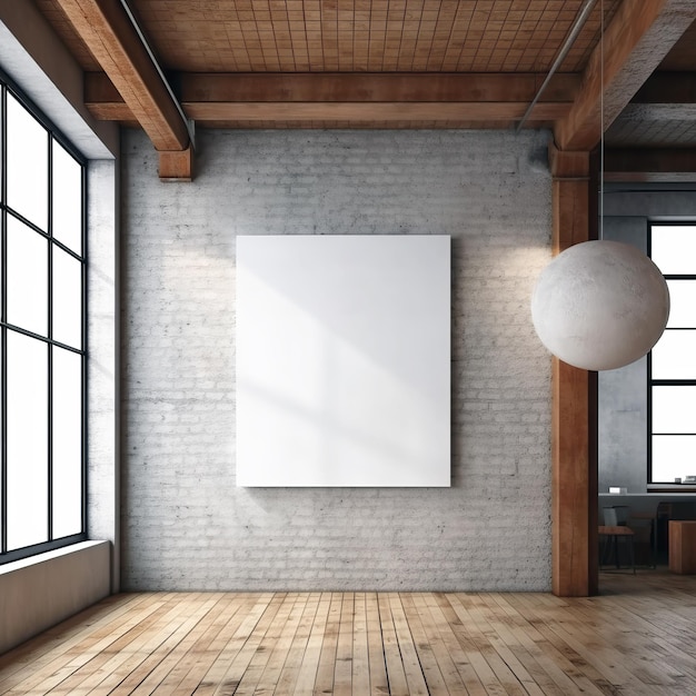 Front view blank white frame on grey concrete wall in loft gallery interior mockup Generative AI