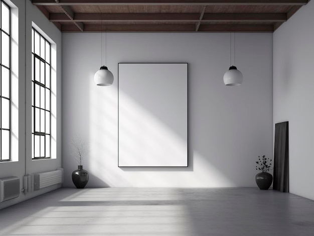 Front view of blank white image frame on light wall in a modern loft interior mockup background Generative AI