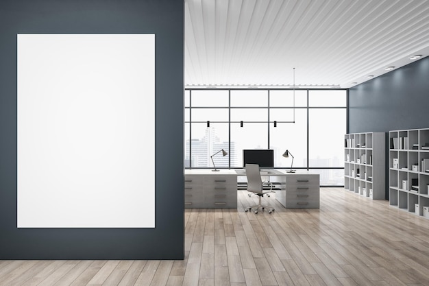 Front view on blank white poster on black wall in spacious stylish interior office with parquet floor light ceiling modern work place furniture and city view from big window 3D rendering mockup