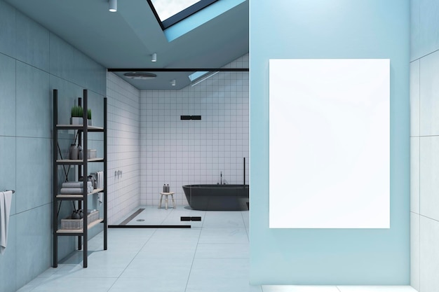 Front view on blank white poster on blue background in modern bathroom with light squared tiles walls dark bathroom shelving and dormer on the top 3D rendering mock up