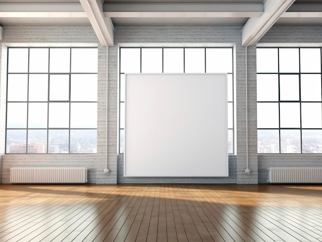 Front view of blank white poster on window background in a modern loft interior with wooden floor mockup Generative AI