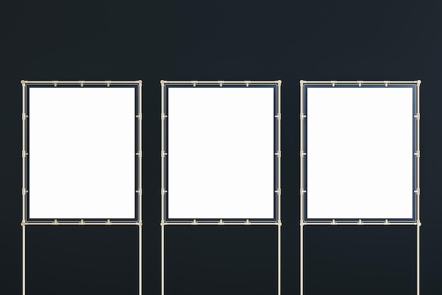 Front view on blank white presentation portfolio walls in metallic frame with place for your logo or text isolated on black background 3D rendering mockup